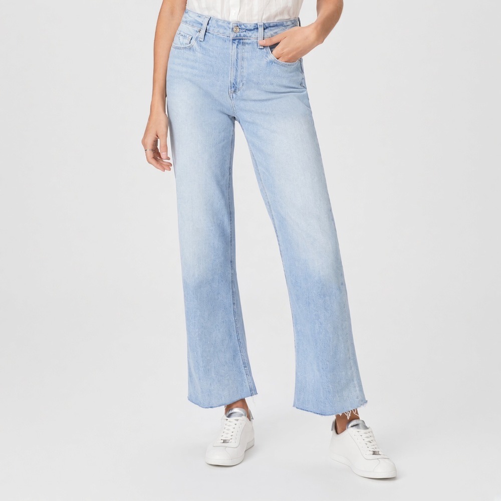 PAIGE Leenah Ankle Jeans Wide Leg Space Age Light Wash High Rise Raw Hem 30